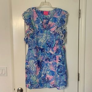 Lilly Pulitzer blue and pink dress with Pom Pom sleeves